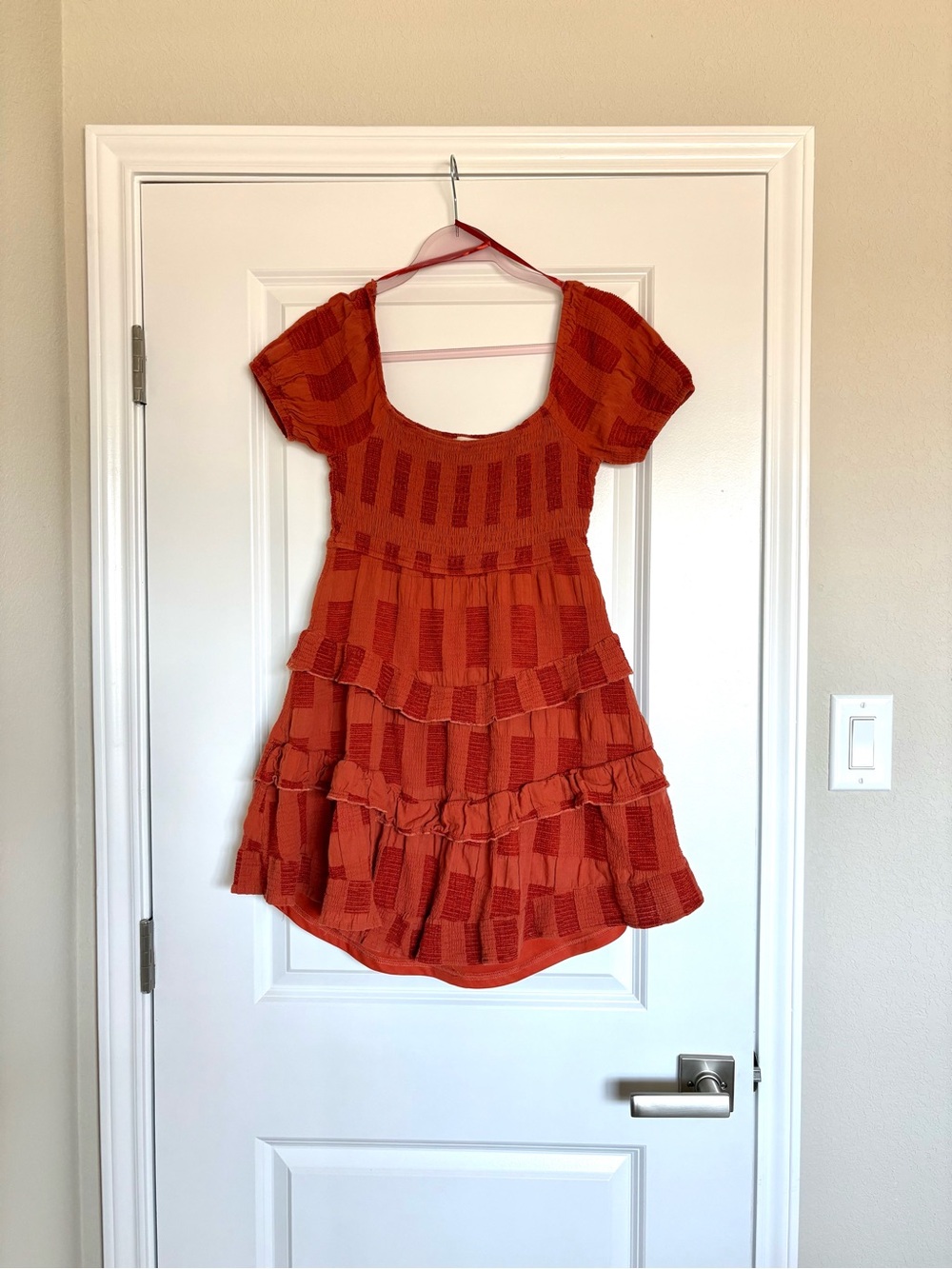 Altar’d State Rust Smocked Tiered Ruffle Mini Dress Puff Sleeve M